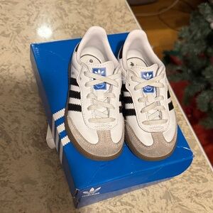 Adidas Kids White, Black, and Tan Sneakers